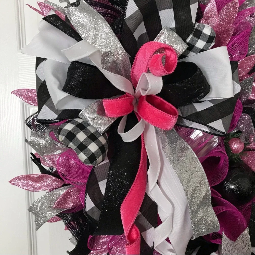 Festive Pink and Black Holiday Jeweled Wreath!